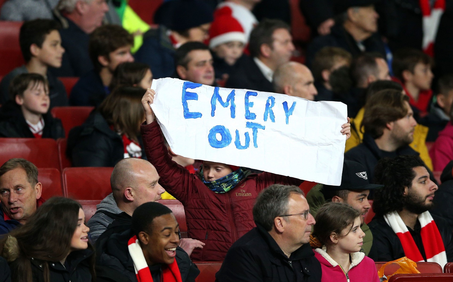 One supporter held up a sign calling for 'Emery Out' as the Gunners struggled again