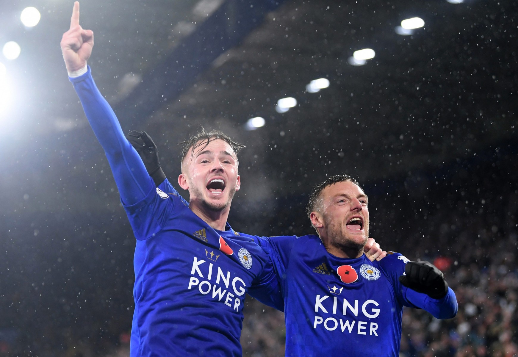 Jamie Vardy and James Maddison scored in the pouring rain during the 2-0 win at the King Power Stadium