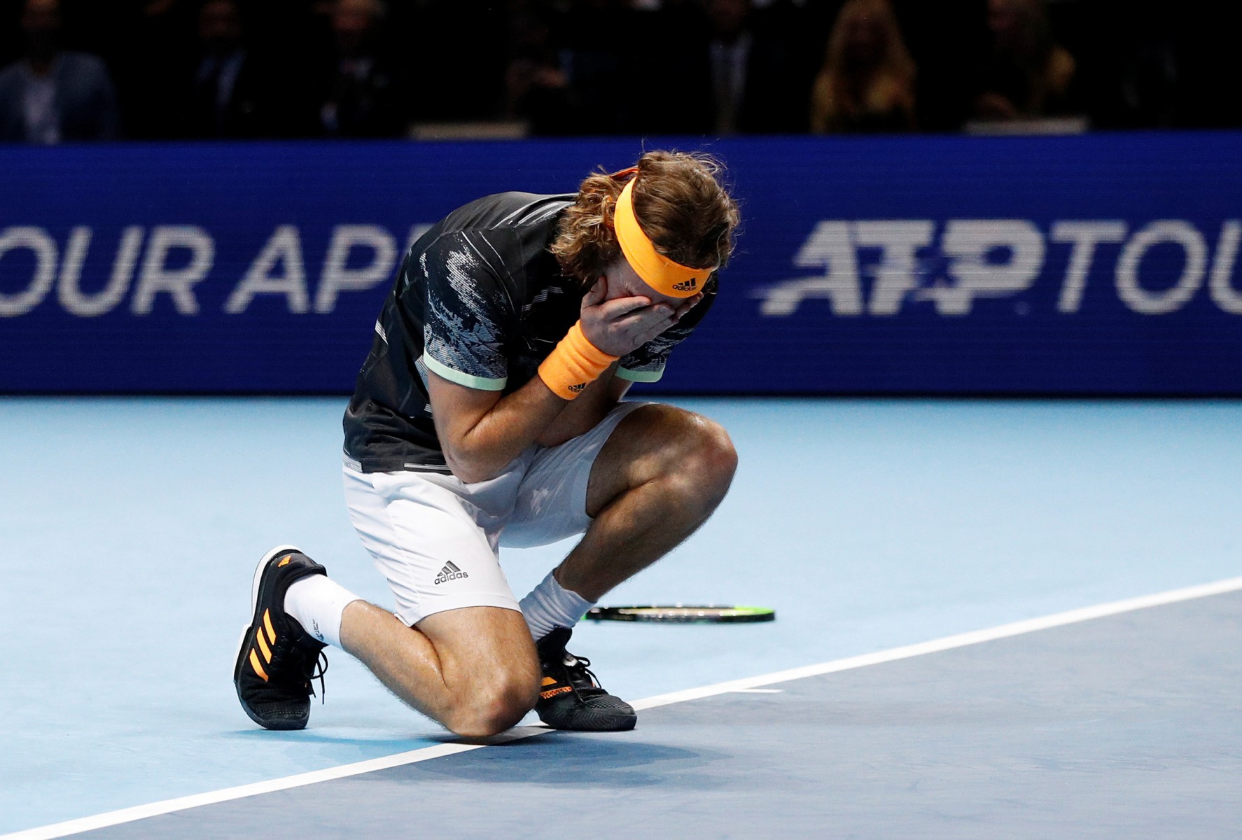 The Greek sensation collapsed to the court after a thrilling 6-7 6-2 7-6 victory which lasted two hours and 35 minutes