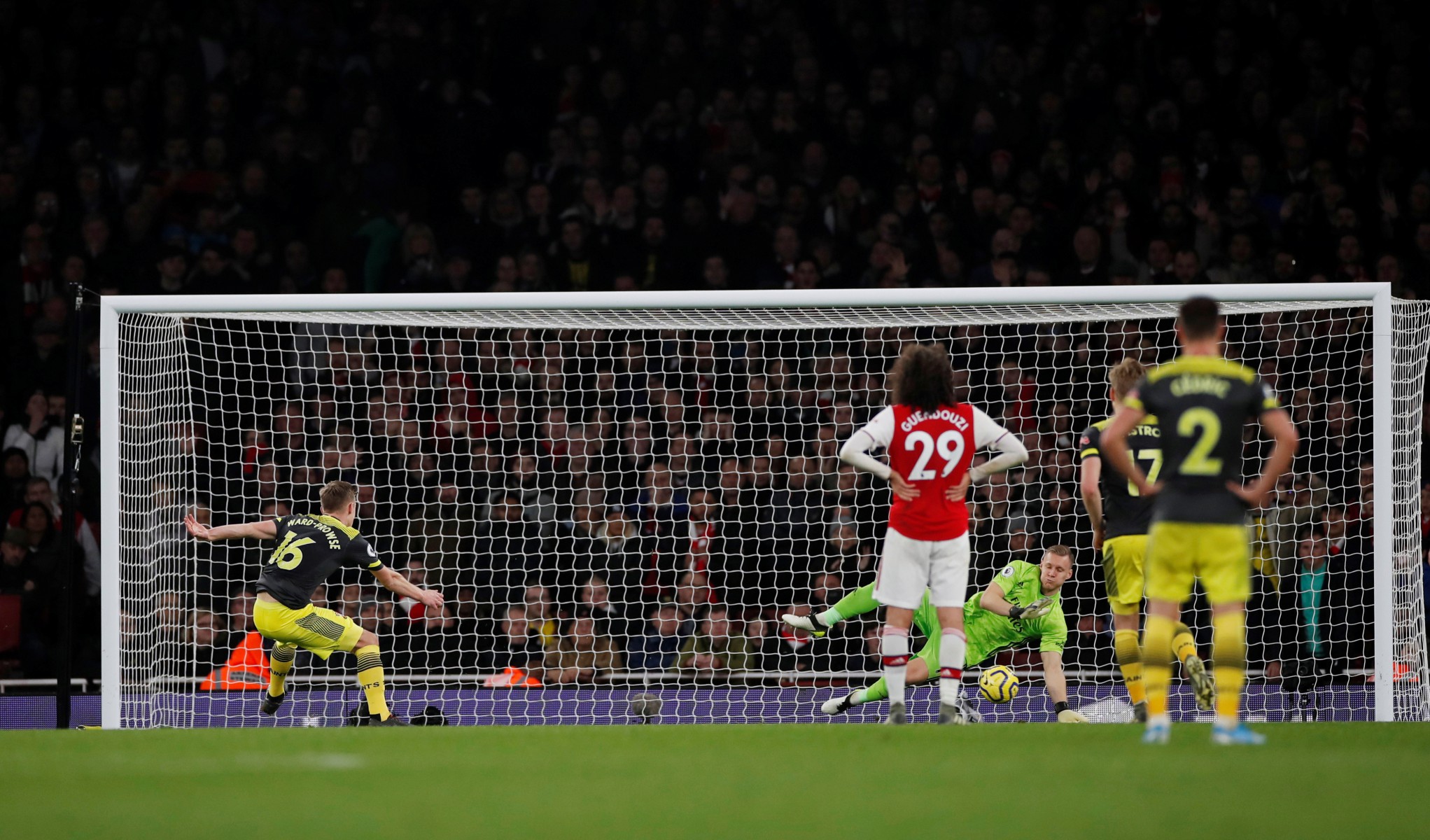 Bernd Leno went the right way to save the penalty but could do nothing about the rebound