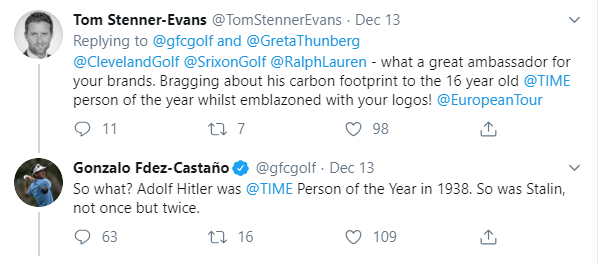 , Top golfer compares Greta Thunberg to Hitler and brags about 23tons of CO2 emissions from 50 flights in 2019