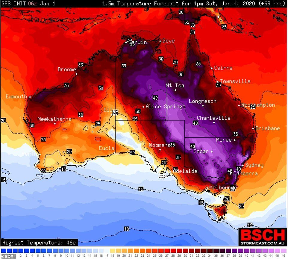 Temperature forecast for Jan 4th in Australia with the highest temp being 46c