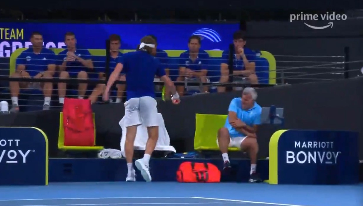 He smashed his racquet against the advertising hoardings and his chair, catching his dad with the second swipe