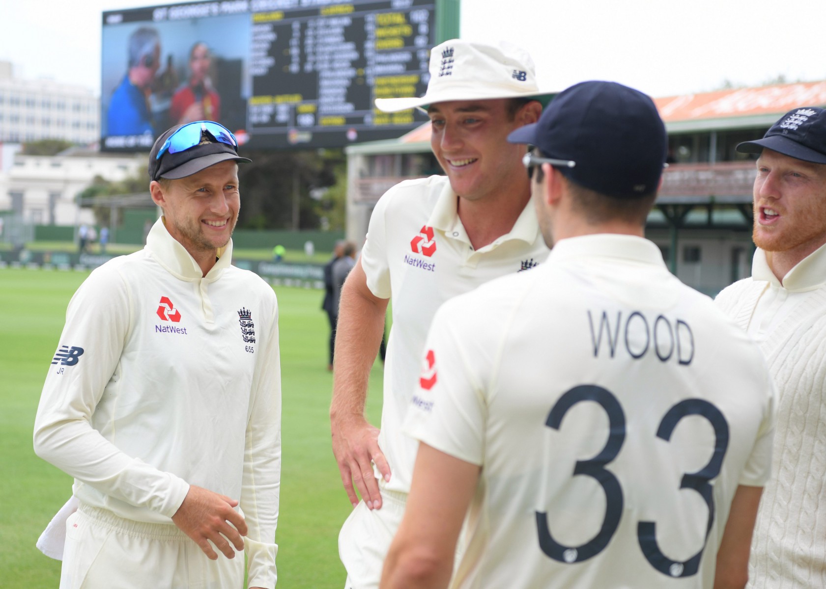 England captain Joe Root jokes with evergreen bowler Stuart Broad, centre, Mark Wood and Ben Stokes 