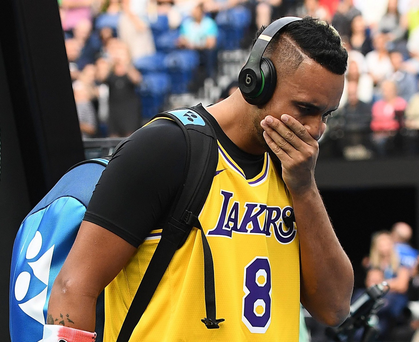 Kyrgios came out on to court wearing a Kobe Bryant LA Lakers jersey in tribute to the NBA legend who died on Sunday