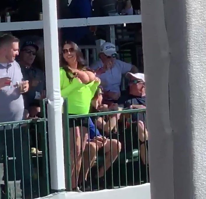 , Moment golf fan flashes her boobs at stars and puts them off putting at PGA Tour event in Phoenix