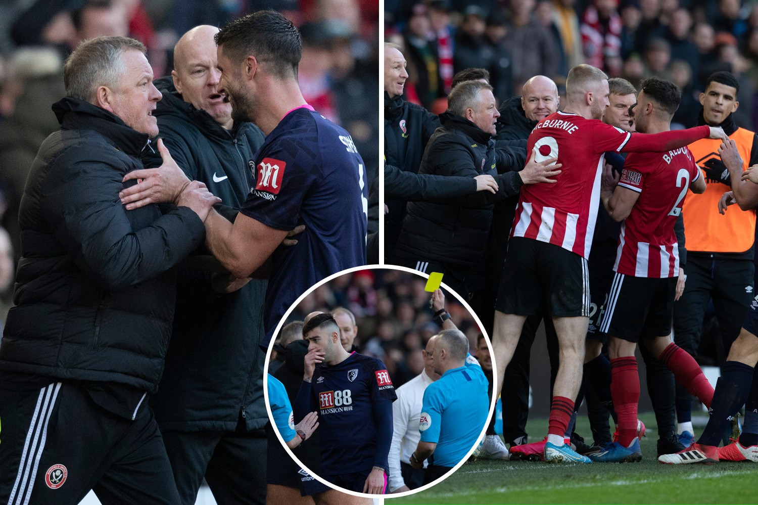 , Sheffield United boss Chris Wilder given a yellow card for scrapping with Bournemouths Andrew Surman