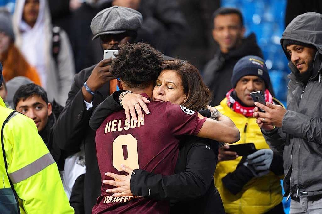 Nelson celebrates scoring for Hoffenheim with his mum Phyllis