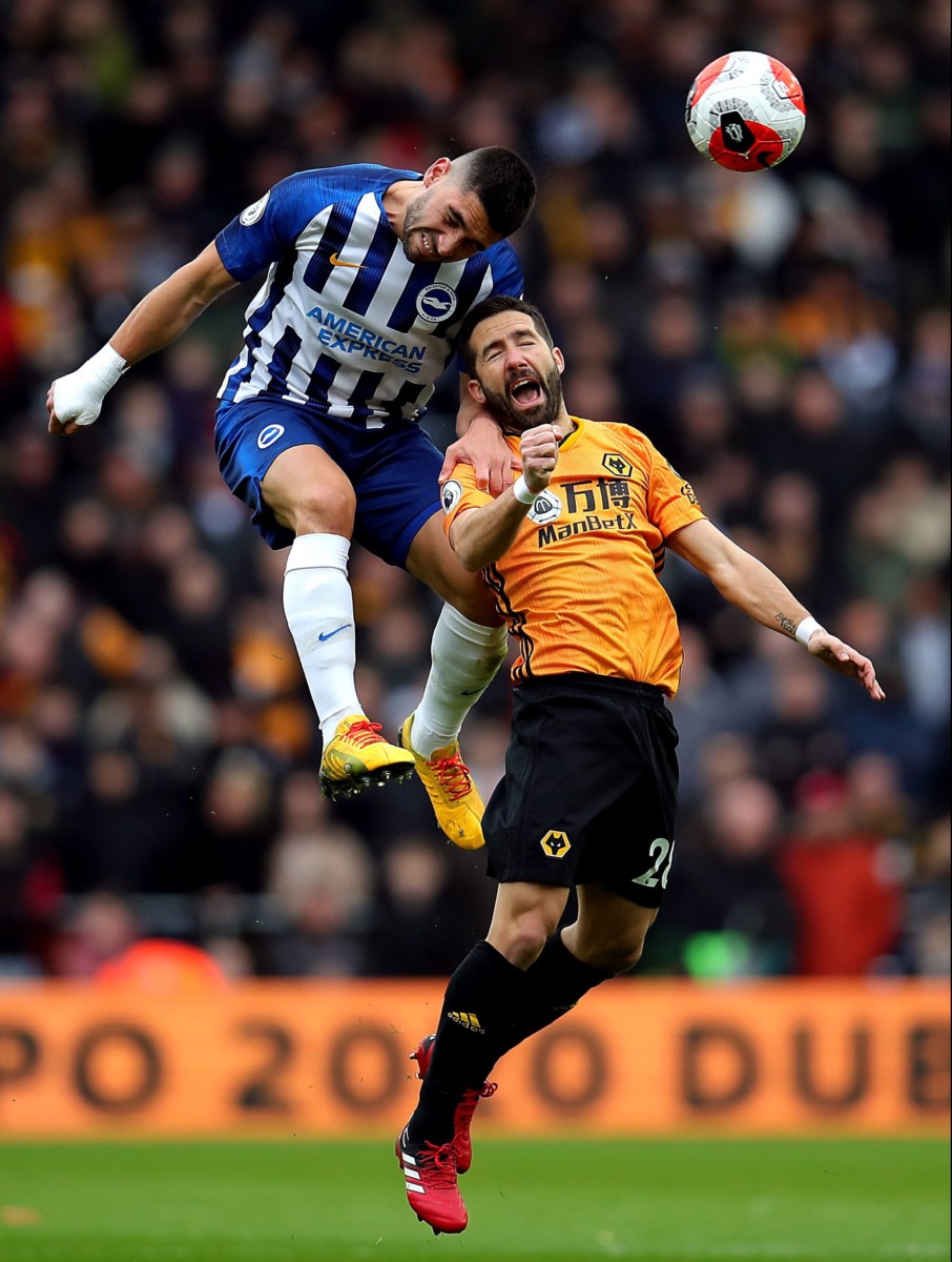 Neal Maupay outjumps Joao Moutinho in the Molineux stalemate
