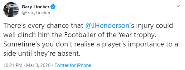 , Gary Lineker says Jordan Henderson should be Player of the Year after Liverpool loss against Chelsea