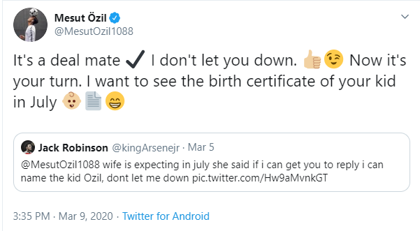 , Arsenal star Mesut Ozil challenges fan to name his upcoming baby ‘Ozil’ and wants to see the birth certificate