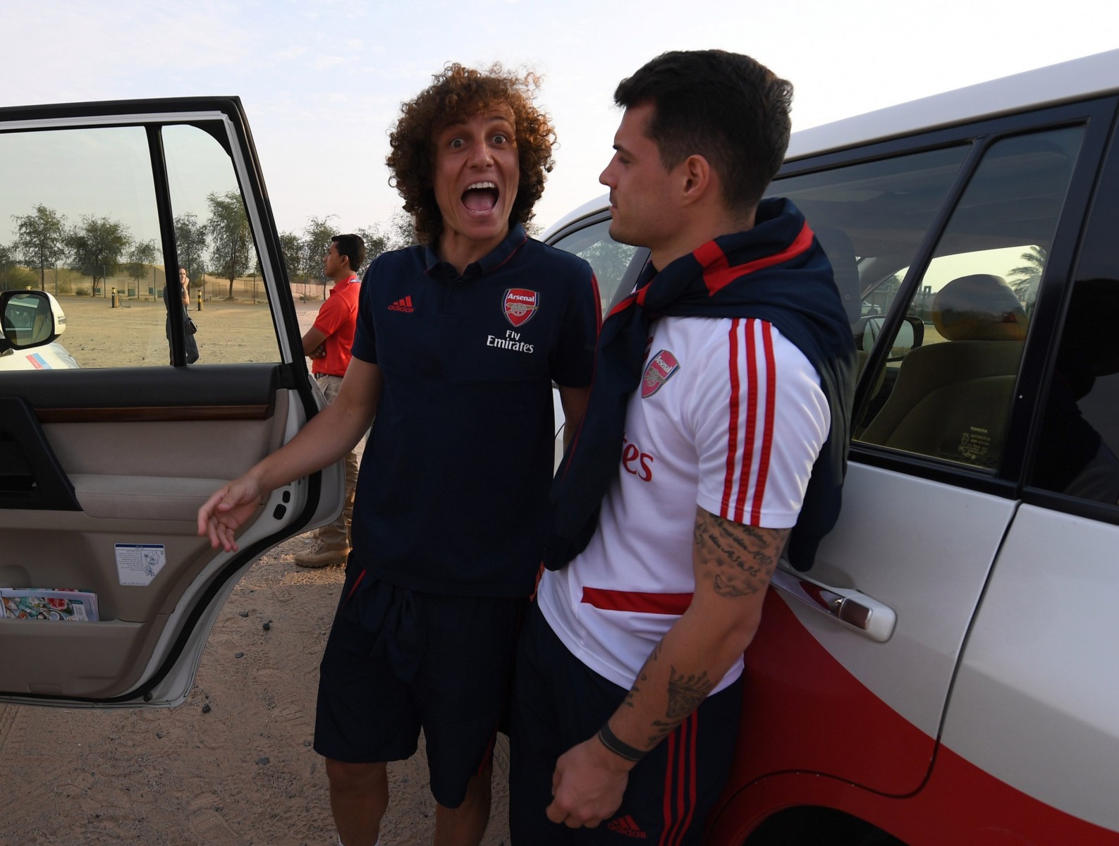 David Luiz and Granit Xhaka, here shown out in Dubai with Arsenal in February, have now been seen having a get-together during the lockdown