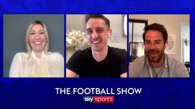 , Gary Neville and Jamie Redknapp in stitches as Ranieri’s wife randomly appears on screen during live Sky Sports TV chat