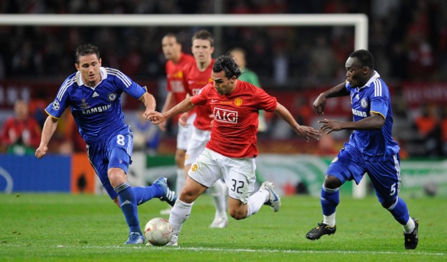 Carlos Tevez helped Man Utd to the double in 2007-08, including this Champions League final win over Chelsea in Moscow