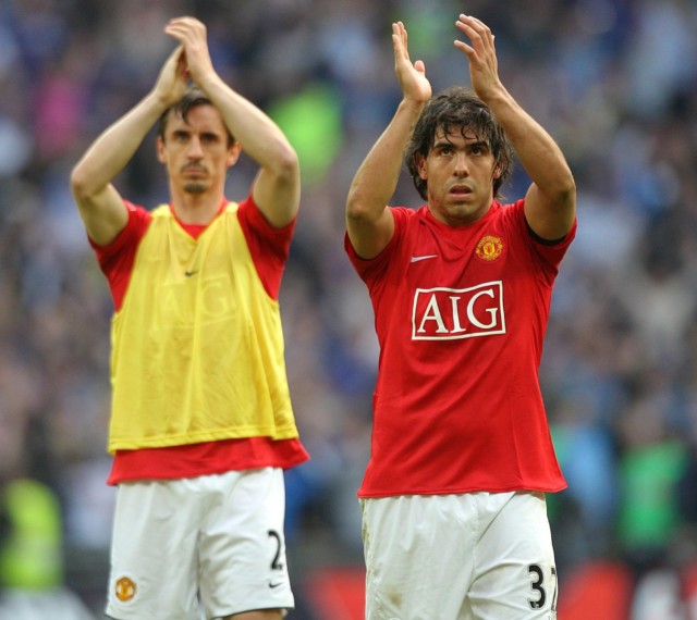 Gary Neville says his old Man Utd team-mate Carlos Tevez was part of the best ever Prem front three, alongside Wayne Rooney and Cristiano Ronaldo