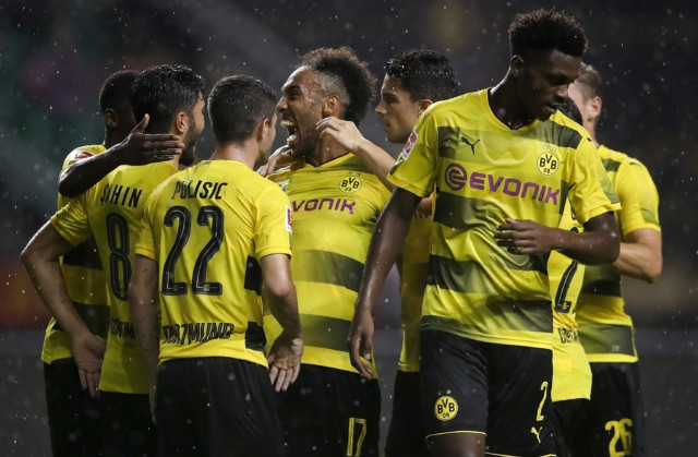 Pulisic, No22, was surrounded by big-name stars when he broke through at Dortmund, including Pierre-Emerick Aubameyang, centre