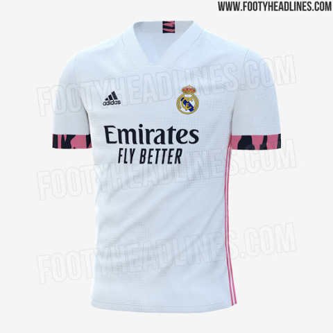 Real Madrid's home jersey features a pink and black finish on the sleeves