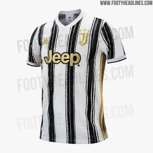Juventus' latest kit features uneven black lines and gold badges