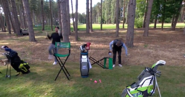 , Watch Piers Morgan take comedy fall while trying to sit on folding chair at Paddy Power Golf Shootout as fans go wild