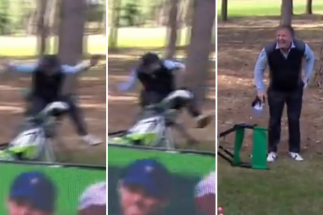 , Watch Piers Morgan take comedy fall while trying to sit on folding chair at Paddy Power Golf Shootout as fans go wild
