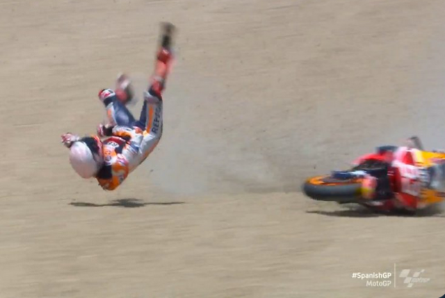 , Marc Marquez breaks arm after flying off bike in horror crash at Spanish MotoGP with star set for surgery