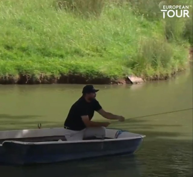 , Watch as Joel Sjoholm rides a BOAT to play his shot from an island in middle of water on European Tour