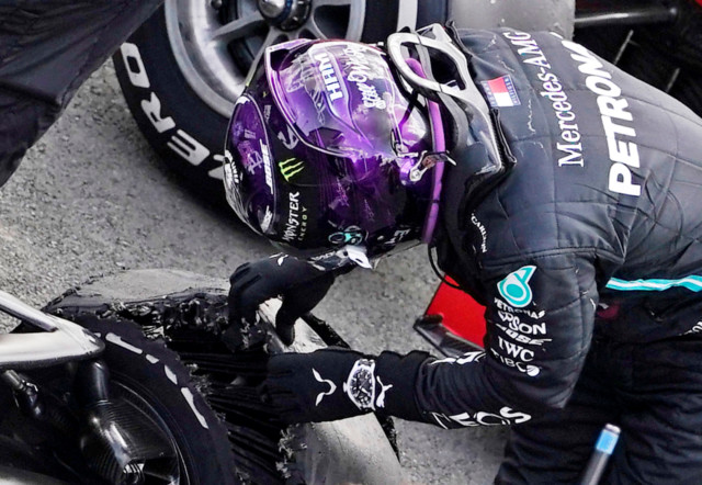 , Watch moment Lewis Hamilton’s tyre bursts from INSIDE his Mercedes as he incredibly holds on to beat Max Verstappen