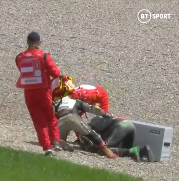 , Watch 200mph horror crash as MotoGP riders collide at Austrian GP and flying bikes miss Valentino Rossi by a whisker