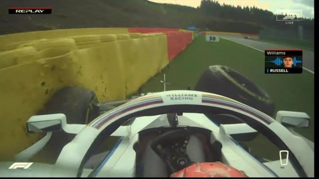, George Russell ‘thankful’ after F1 star saved by car halo in horror crash with Antonio Giovinazzi at Belgian GP