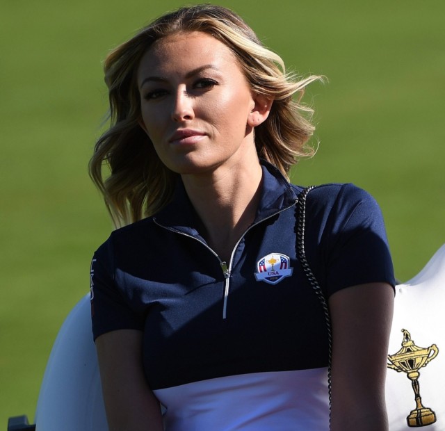 Paulina Gretzky, pictured last year, looks on as fiance Dustin Johnson helps America win back the Ryder Cup