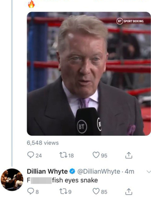 , Dillian Whyte labels Frank Warren a ‘f***ing fish eyes snake’ and blocks him on Twitter in bizarre row after Povetkin KO