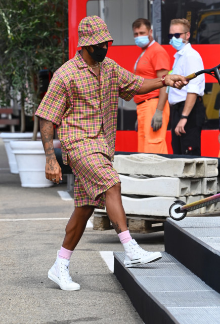 , Lewis Hamilton wears daring check outfit with matching hat and shorts as Mercedes star scoots his way towards F1 title