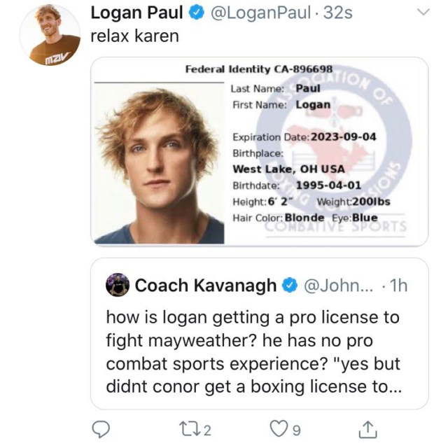 , Logan Paul posts then deletes pic of boxing licence after he’s called out by Conor McGregor’s coach over Mayweather bout