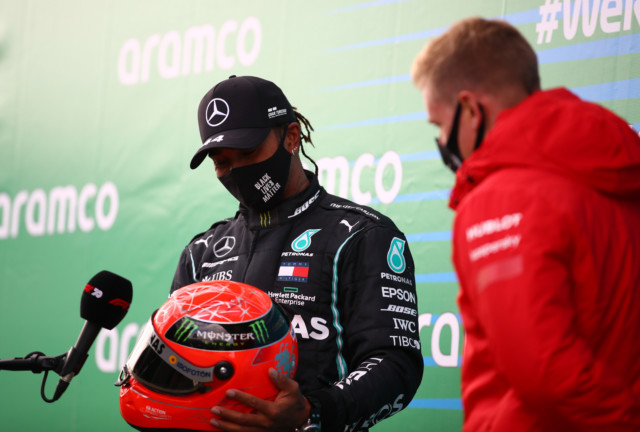 , Michael Schumacher’s son Mick hands Lewis Hamilton one of his dad’s old helmets as Brit equals legend’s GP win record