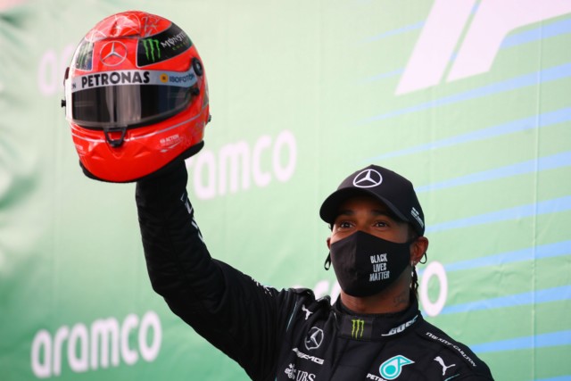 , Michael Schumacher’s son Mick hands Lewis Hamilton one of his dad’s old helmets as Brit equals legend’s GP win record