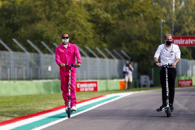 , Lewis Hamilton wears stunning all pink denim outfit as Mercedes’ F1 superstar scoots around at Emilia Romagna Grand Prix