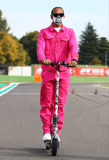 , Lewis Hamilton wears stunning all pink denim outfit as Mercedes’ F1 superstar scoots around at Emilia Romagna Grand Prix
