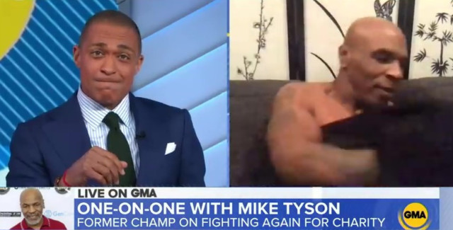 , Watch Mike Tyson rip off shirt on TV to show body transformation and reveal how he shed SEVEN stone for Jones fight
