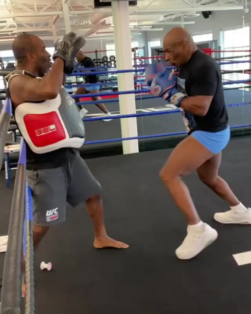 , Watch Mike Tyson, 54, force coach back against ropes with vicious barrage of punches as he trains for Roy Jones Jr fight