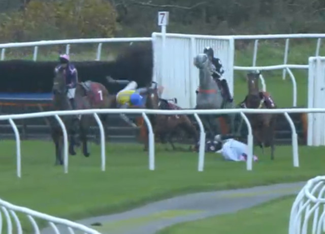 , Watch amazing moment THREE jockeys all fall at same jump during scenes of utter carnage at Bangor-on-Dee