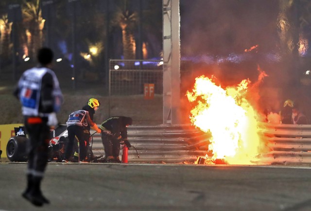 , Grosjean car splits in HALF and turns into fireball after crash at Bahrain Grand Prix but Haas driver miraculously safe