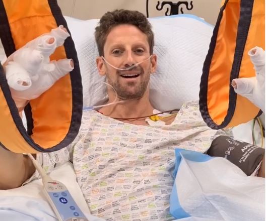 , Brave Romain Grosjean smiles from hospital bed after horror crash as he hails halo for ‘miracle’ escape from burning car
