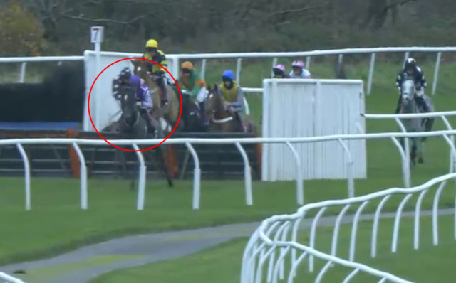, Watch amazing moment THREE jockeys all fall at same jump during scenes of utter carnage at Bangor-on-Dee