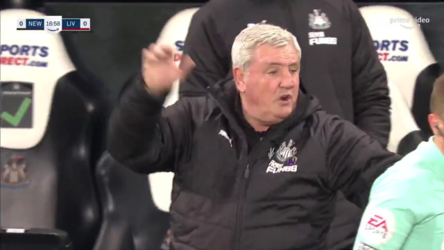 , Watch over-excited Steve Bruce accidentally ELBOW linesman in the face after Callum Wilson misses chance vs Liverpool