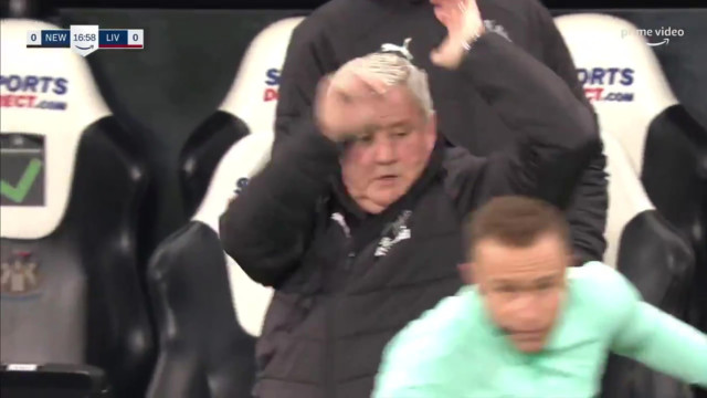 , Watch over-excited Steve Bruce accidentally ELBOW linesman in the face after Callum Wilson misses chance vs Liverpool