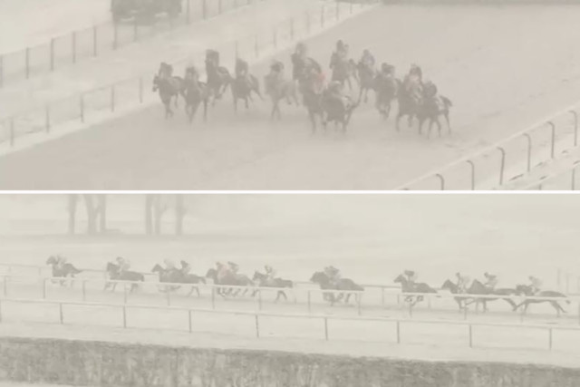 , Punters left scratching heads as racing continues in heavy snow at Chantilly and commentator can’t tell field apart