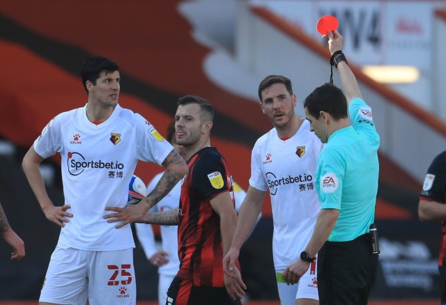, Watch as Jack Wilshere and Joao Pedro sent off in huge brawl as raging Bournemouth and Watford stars clash after whistle