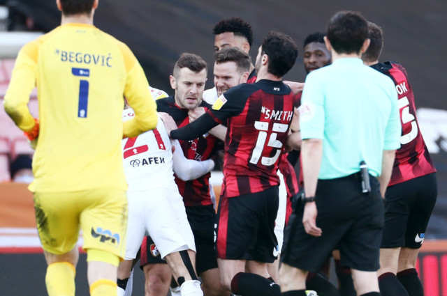 , Watch as Jack Wilshere and Joao Pedro sent off in huge brawl as raging Bournemouth and Watford stars clash after whistle
