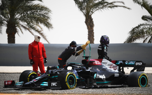 , Lewis Hamilton’s dreadful F1 season start continues as he spins off track in Bahrain and gets left stuck in the gravel