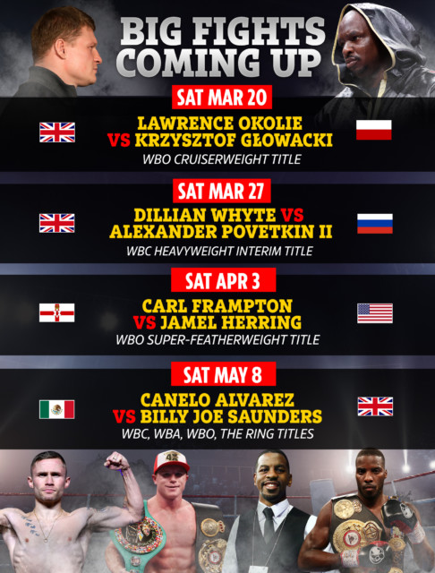 , Boxing schedule: Fight dates, results, undercards with Whyte vs Povetkin 2 in Gibraltar, Frampton and Canelo vs Saunders